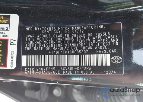 2012 Toyota Camry Se/Le/Xle z USA, uszkodzony, nr VIN 4T1BF1FK4CU095807